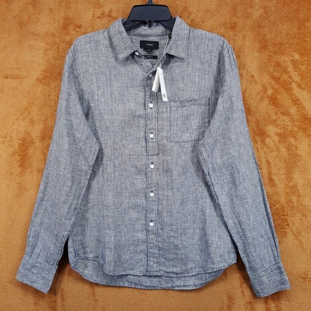 VINCE Button Shirt Mens Small Black White Houndstooth Pocket 100% Linen $248